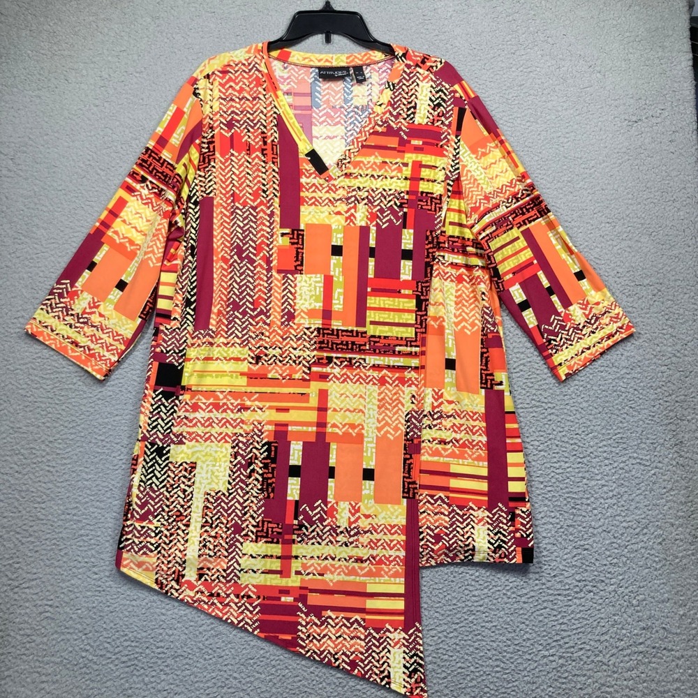 Attitudes by Renee Tunic Top Women XL Orange Geometric Asymmetric Hem 3/4 Sleeve